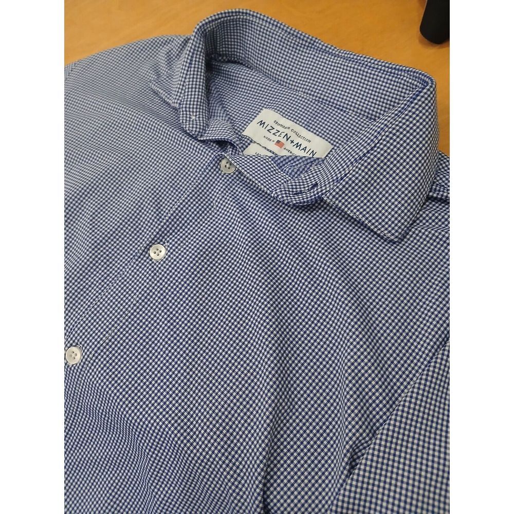 Mizzen & Main Shirt Men LARGE Blue Gingham Check Trim Fit Performance Button Up - Picture 4 of 5